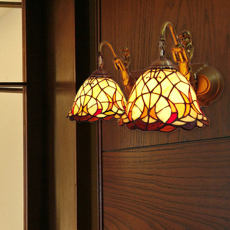 2 Heads Dome Sconce Lighting Tiffany 2 Head Beige Glass Wall Mount Light with Mermaid Backplate