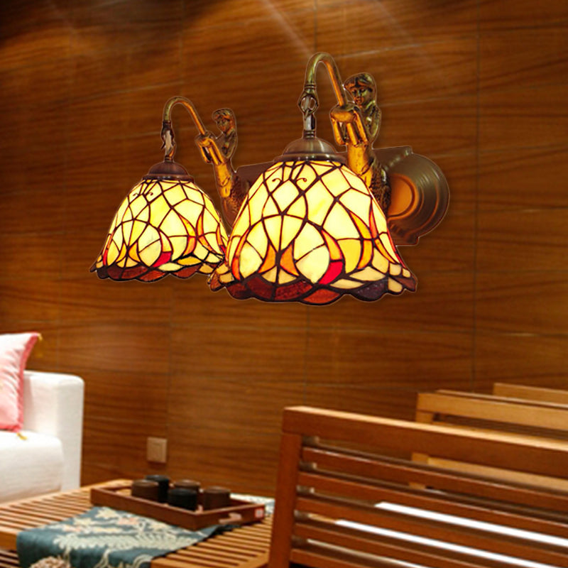2 Heads Dome Sconce Lighting Tiffany 2 Head Beige Glass Wall Mount Light with Mermaid Backplate