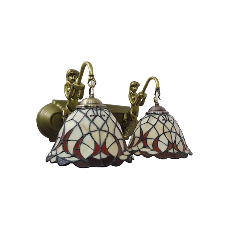 2 Heads Dome Sconce Lighting Tiffany 2 Head Beige Glass Wall Mount Light with Mermaid Backplate