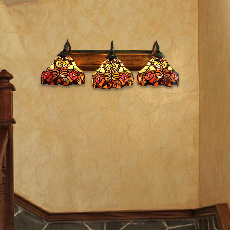 Stained Glass Flower Wall Sconces 3 Lights Tiffany Rustic Wall Lamp in Brass for Hotel