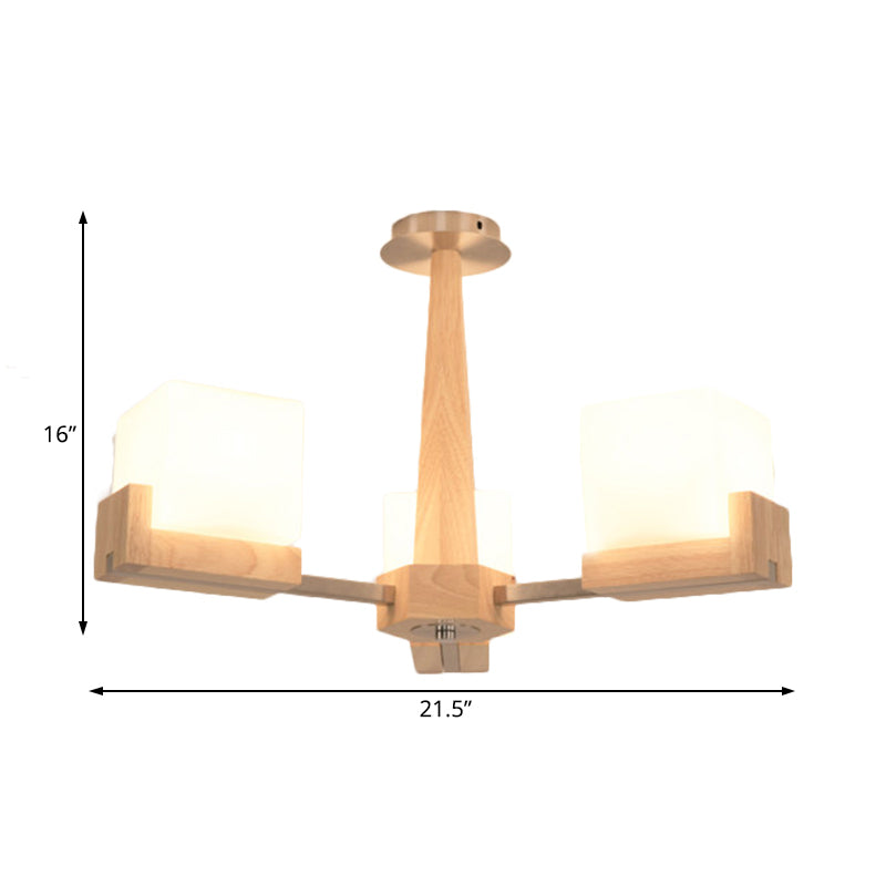 Wood Radial Semi Flush Mount Lighting Modern 3/5/8 Lights Beige Semi Flush Ceiling Lamp Fixture with White Glass Rectangle Shade