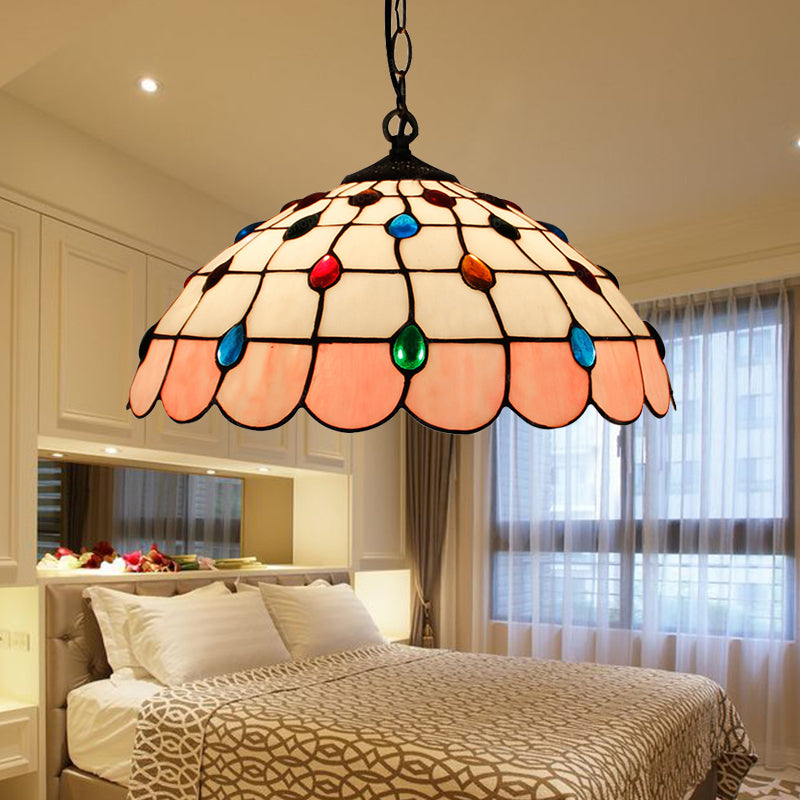 Single Head Dome Hanging Pendant Tiffany Pink/Light Blue/Green Hand Rolled Art Glass Ceiling Light for Bedroom