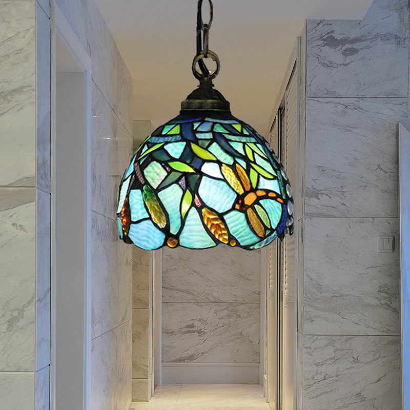 Domed Hanging Lamp 1 Head Aqua Hand Cut Glass Mediterranean Hanging Pendant Light with Dragonfly Pattern