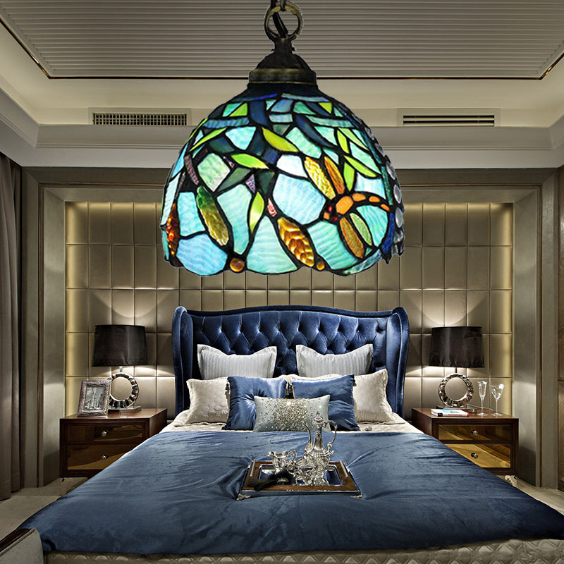 Domed Hanging Lamp 1 Head Aqua Hand Cut Glass Mediterranean Hanging Pendant Light with Dragonfly Pattern