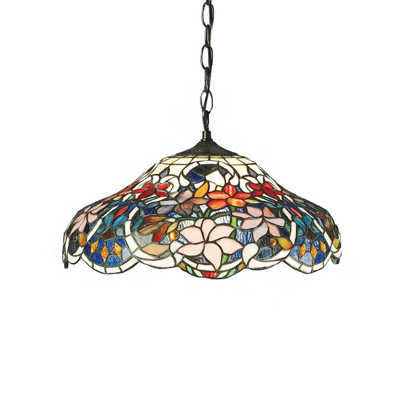 Floral Hanging Light Tiffany-Style Stained Glass 1 Bulb Black Pendant Light Fixture with Adjustable Metal Chain