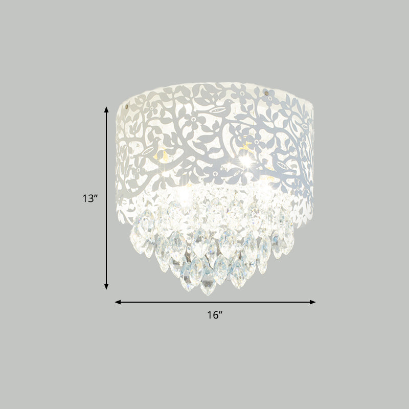 Tree Girls Bedroom Flush Mount Light with Crystal Leaf Metal Luxurious Ceiling Light in White