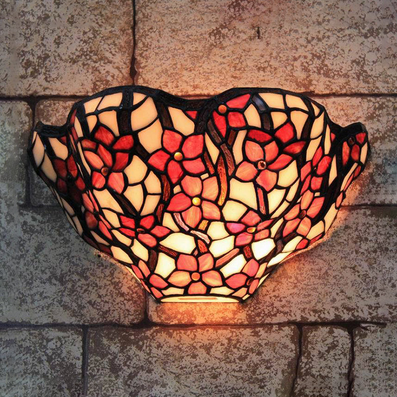Floral Front Door Wall Sconce Stained Glass Tiffany Rustic Wall Light in Black and Red