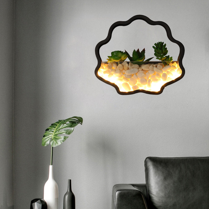 Fake Succulent Plant Wall Light Metal Stone Modern Creative Sconce Light in Black for Bedroom