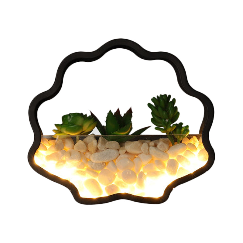 Fake Succulent Plant Wall Light Metal Stone Modern Creative Sconce Light in Black for Bedroom
