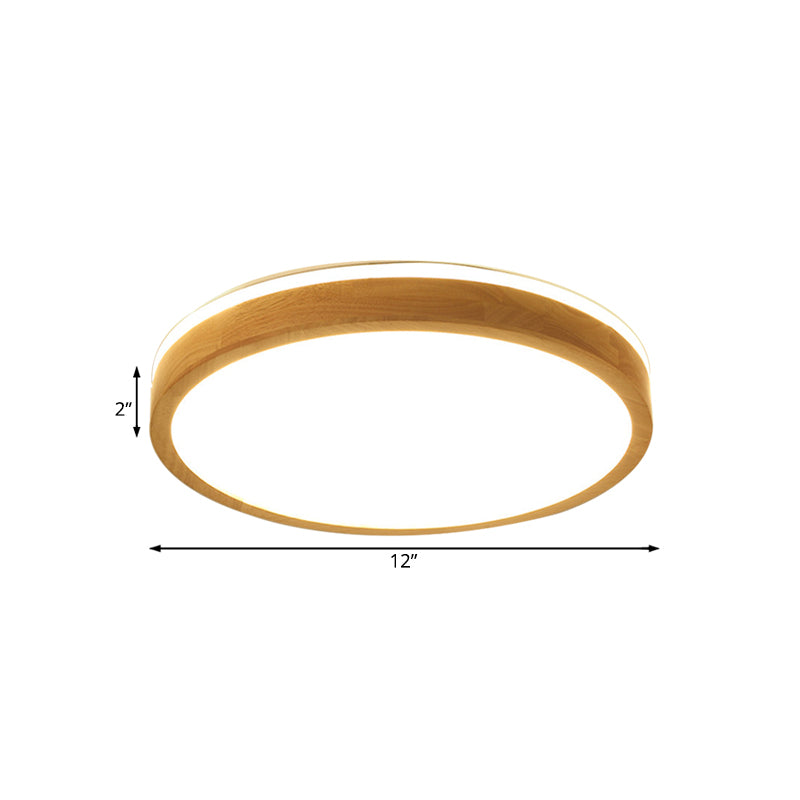 12"/16"/19.5" Wide Round Wood Flush Mount Modernist 1 Light Beige Led Flush Ceiling Light Fixture with Frosted Diffuser in Natural Light
