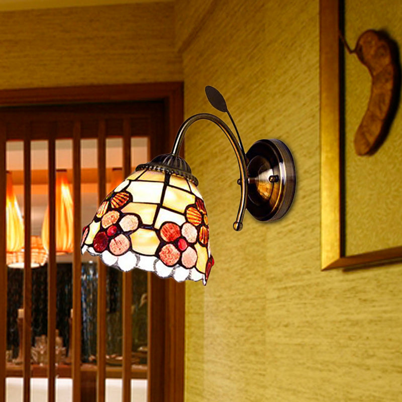 Shell Blossom Wall Light with Leaf Single Bulb Tiffany Wall Sconce for Study Room