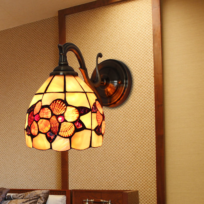 Rustic Style Petal Wall Sconce 1 Light Stained Glass Wall Lamp in Orange for Bedroom