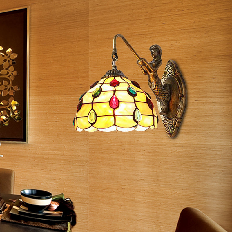 Beaded Sconce Light Fixture Tiffany Beige Glass 1 Head Brass Wall Mount Light with Mermaid Backplate