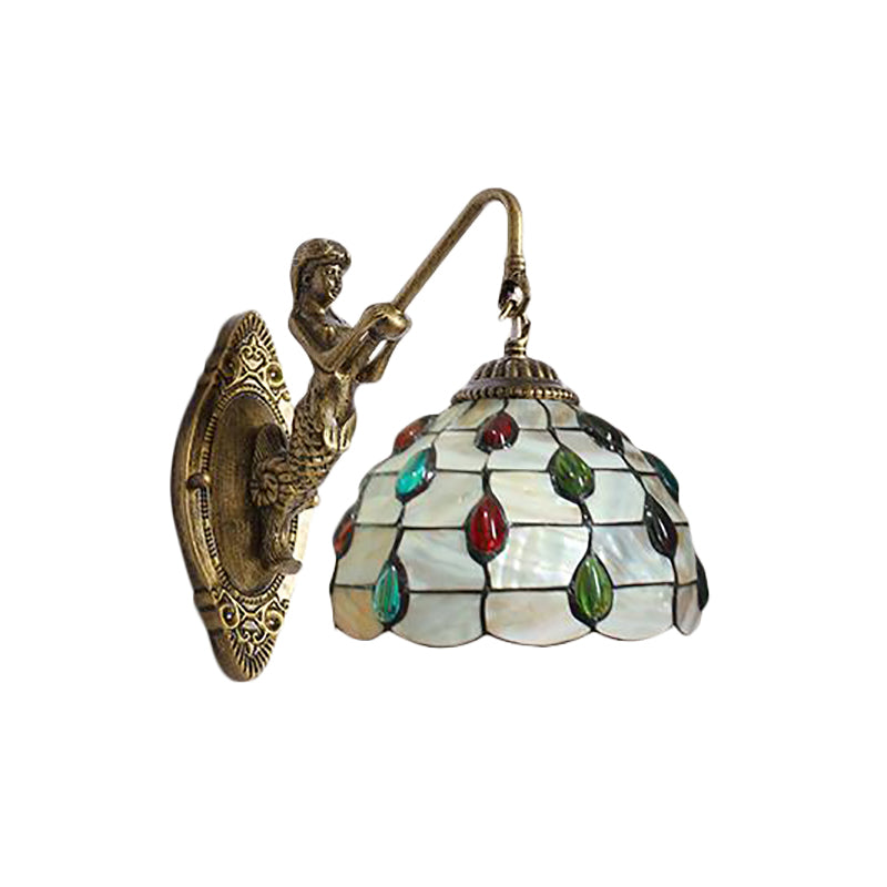 Beaded Sconce Light Fixture Tiffany Beige Glass 1 Head Brass Wall Mount Light with Mermaid Backplate