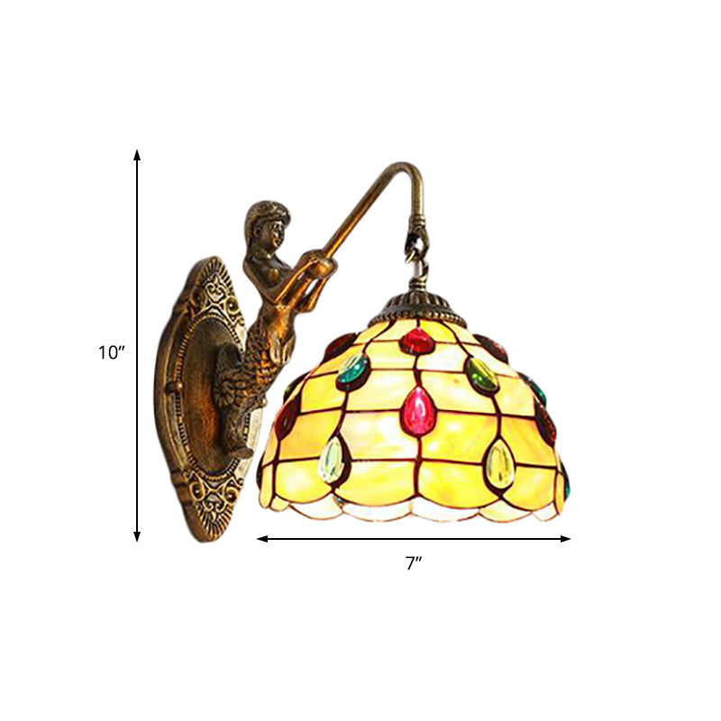 Beaded Sconce Light Fixture Tiffany Beige Glass 1 Head Brass Wall Mount Light with Mermaid Backplate