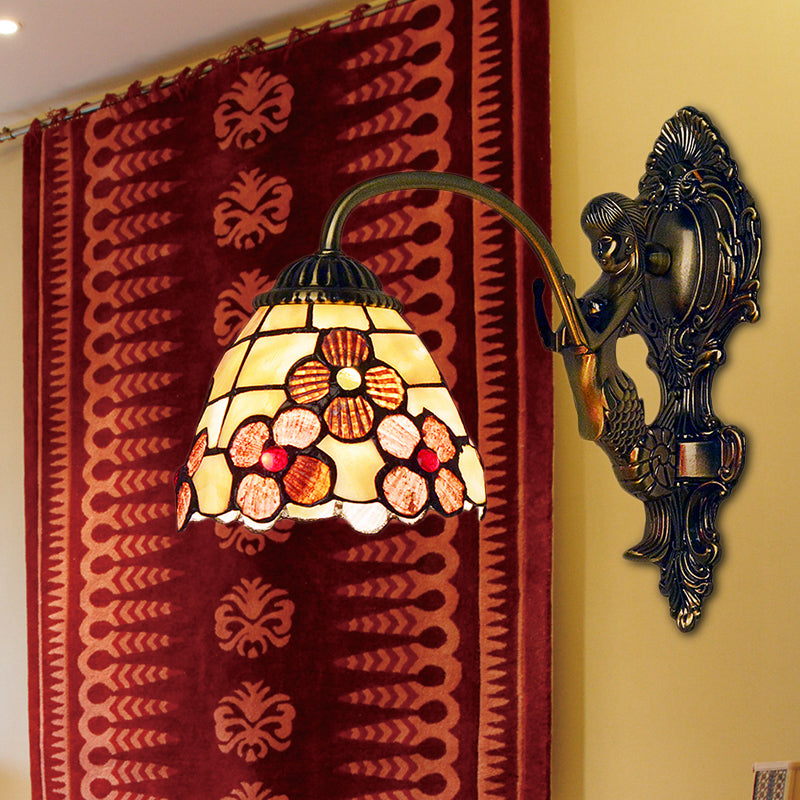 Floral Sconce Light Fixture Tiffany Beige Glass 1 Head Bedroom Wall Mount Lighting