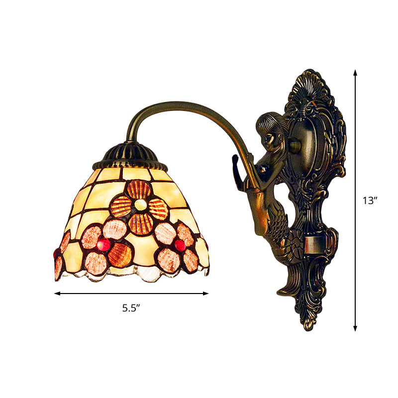 Floral Sconce Light Fixture Tiffany Beige Glass 1 Head Bedroom Wall Mount Lighting