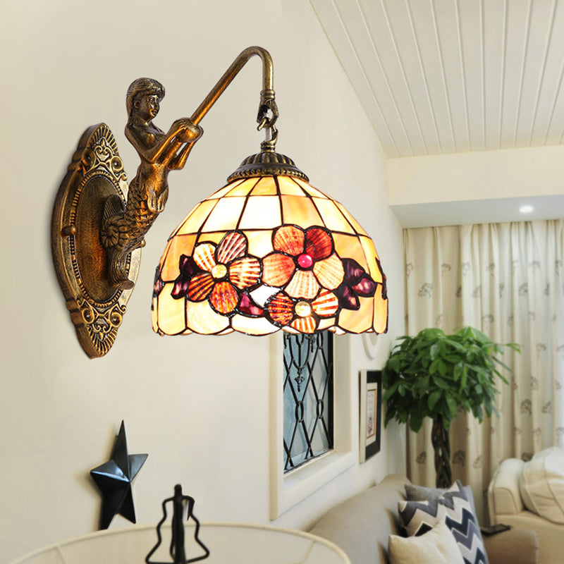 Victorian Dome Sconce Light Beige Glass 1 Head Bedside Wall Mount Light with Flower Pattern