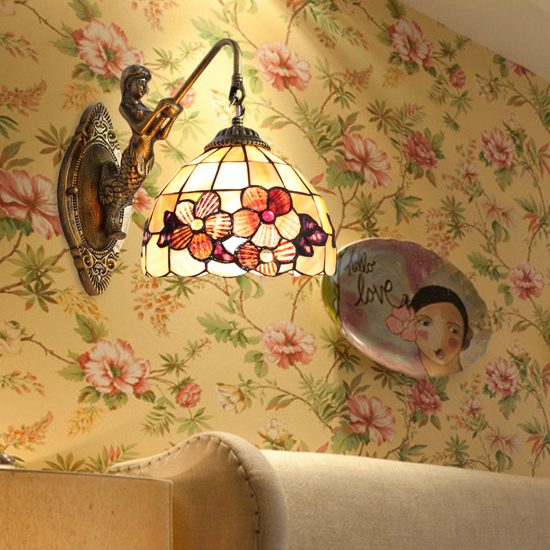 Victorian Dome Sconce Light Beige Glass 1 Head Bedside Wall Mount Light with Flower Pattern