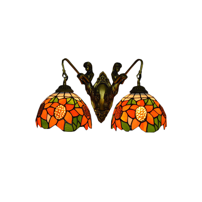 Sunflower Wall Mounted Lamp Tiffany Orange Glass 2 Heads Bedroom Sconce Light in Bronze
