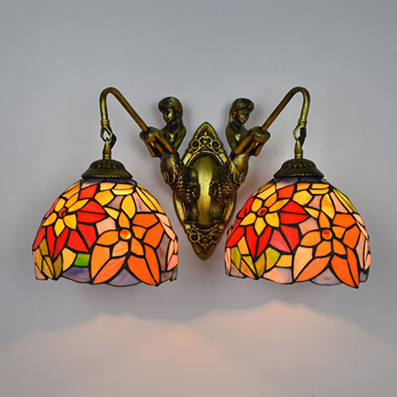 Orange Glass Floral Wall Mount Lighting Baroque 2 Heads Sconce Light with Mermaid Backplate