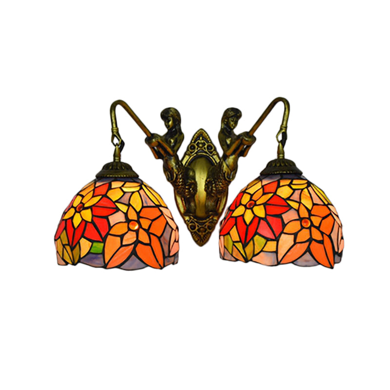 Orange Glass Floral Wall Mount Lighting Baroque 2 Heads Sconce Light with Mermaid Backplate