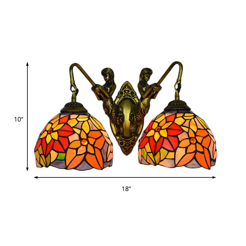 Orange Glass Floral Wall Mount Lighting Baroque 2 Heads Sconce Light with Mermaid Backplate