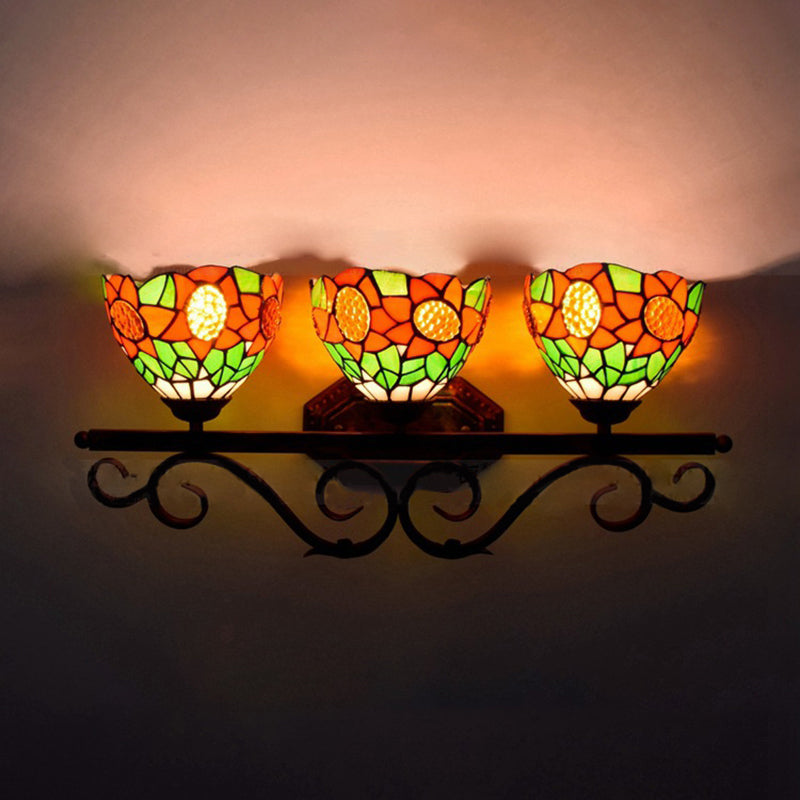 3 Heads Bowl Wall Light Fixture Baroque Orange Stained Glass Sconce Light with Sunflower Pattern