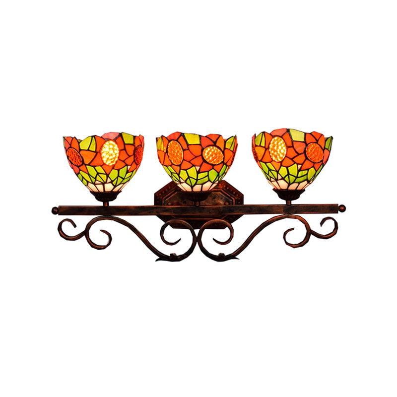 3 Heads Bowl Wall Light Fixture Baroque Orange Stained Glass Sconce Light with Sunflower Pattern
