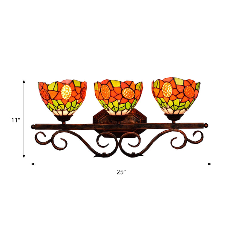 3 Heads Bowl Wall Light Fixture Baroque Orange Stained Glass Sconce Light with Sunflower Pattern