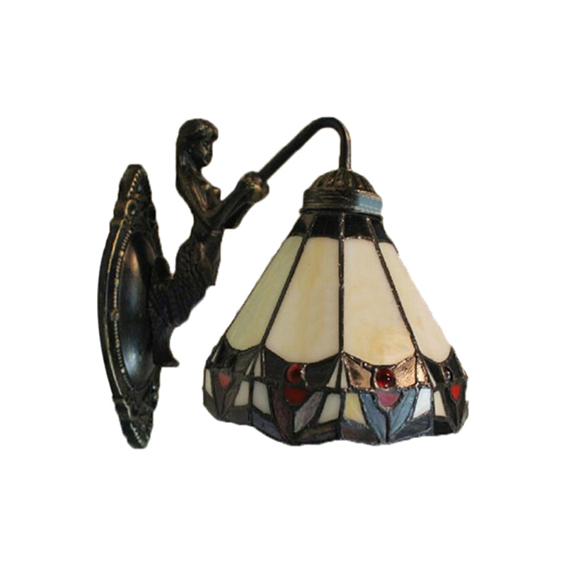 Beige Glass Cone Wall Mounted Light Tiffany 1 Head Antique Bronze Sconce Light for Hallway
