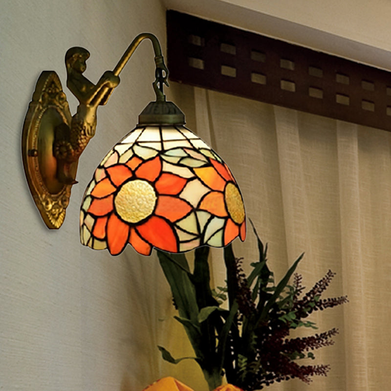 1 Head Hallway Wall Mounted Light Tiffany Orange Sconce Light whit Sunflower Stained Glass Shade
