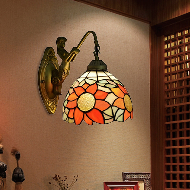 1 Head Hallway Wall Mounted Light Tiffany Orange Sconce Light whit Sunflower Stained Glass Shade