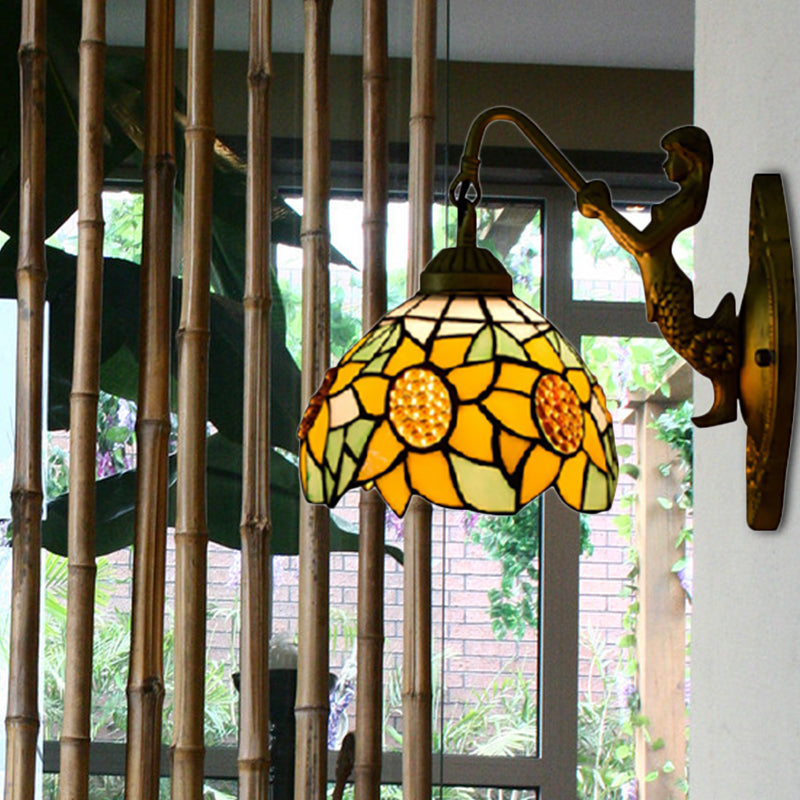 Sunflower Yellow Glass Sconce Light Tiffany 1 Head Bronze Wall Mounted Light with Mermaid Decoration