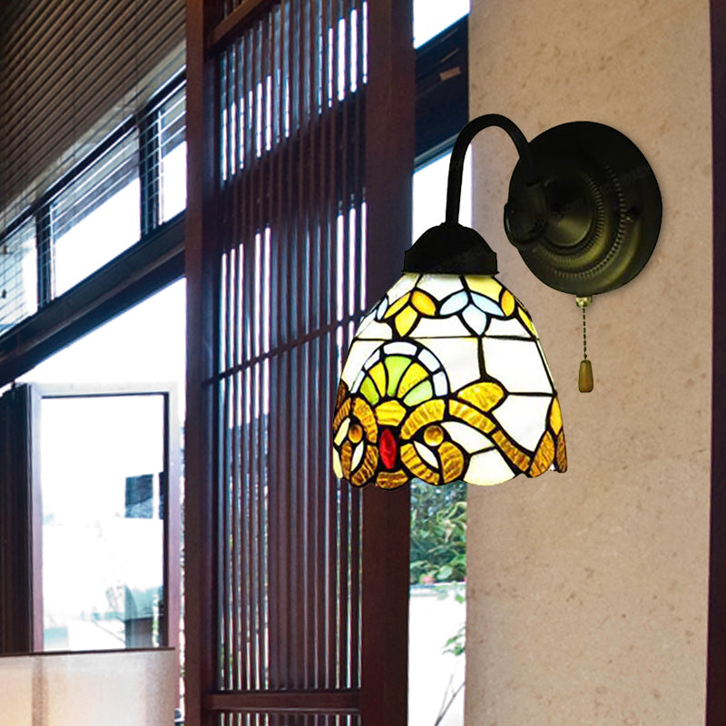 Yellow Dome Wall Sconce Victorian Stained Glass 1 Head Wall Fixture Light with Pull chain for Hallway