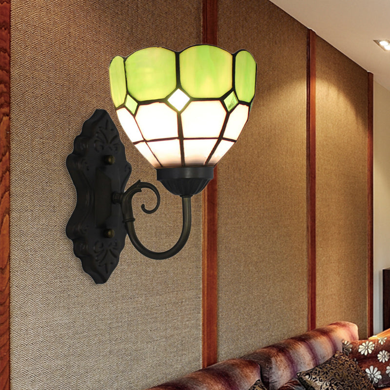 Grid Patterned Sconce Light Fixture Tiffany Green/Blue Glass 1 Head Black Wall Mounted Lamp
