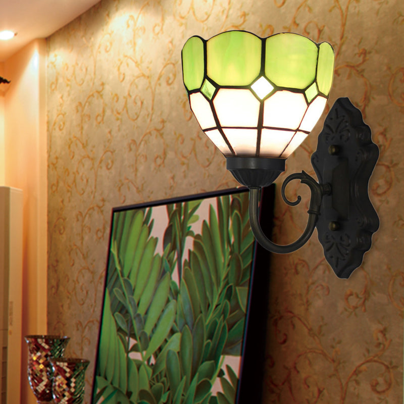 Grid Patterned Sconce Light Fixture Tiffany Green/Blue Glass 1 Head Black Wall Mounted Lamp