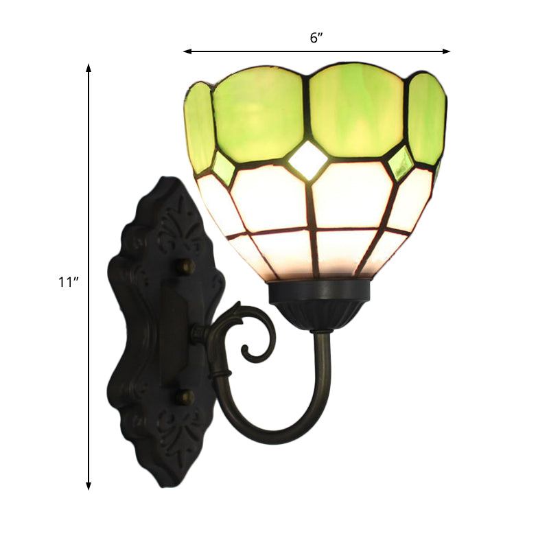Grid Patterned Sconce Light Fixture Tiffany Green/Blue Glass 1 Head Black Wall Mounted Lamp