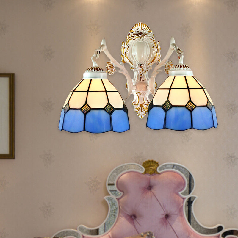 2 Lights Dome Shade Wall Lighting Lodge Stained Glass Wall Fixture Light in Blue for Corridor