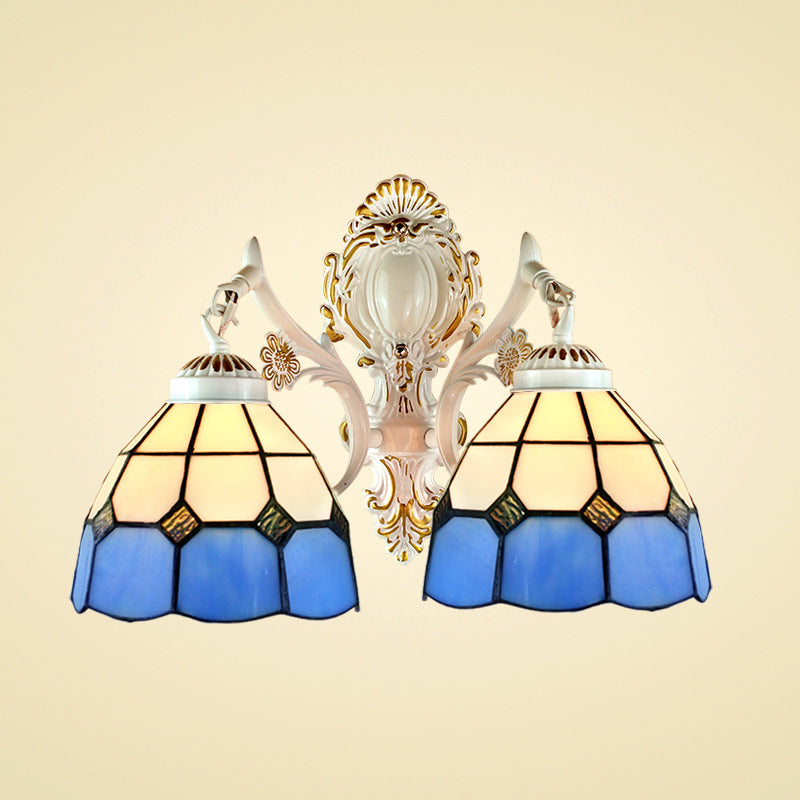 2 Lights Dome Shade Wall Lighting Lodge Stained Glass Wall Fixture Light in Blue for Corridor