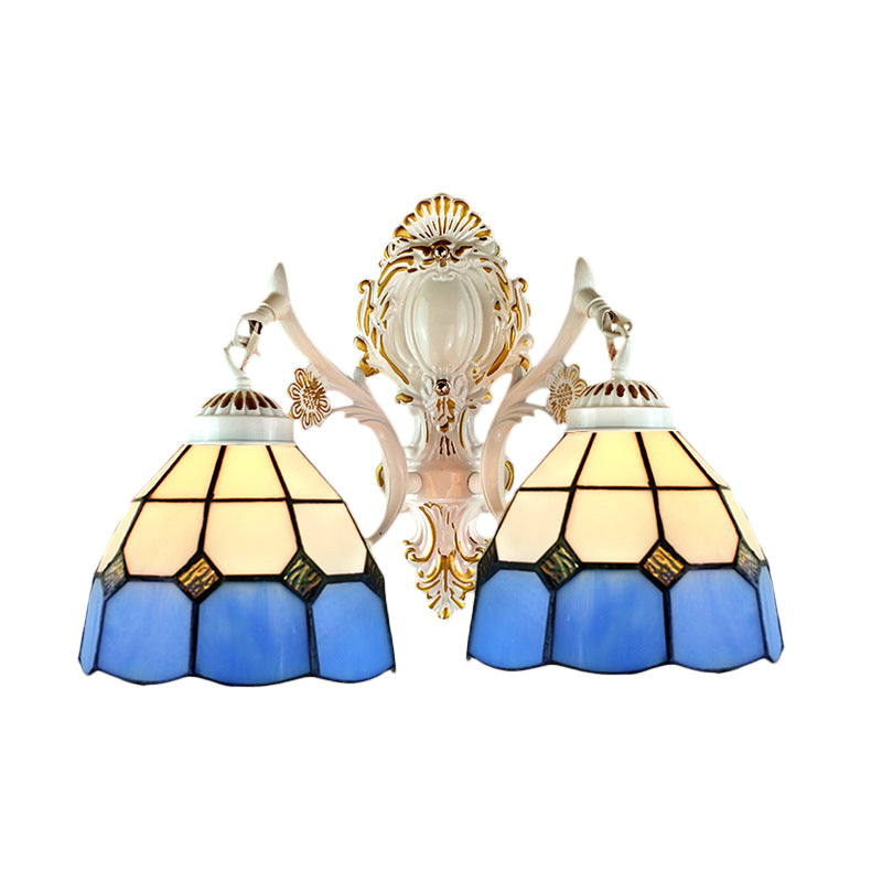2 Lights Dome Shade Wall Lighting Lodge Stained Glass Wall Fixture Light in Blue for Corridor