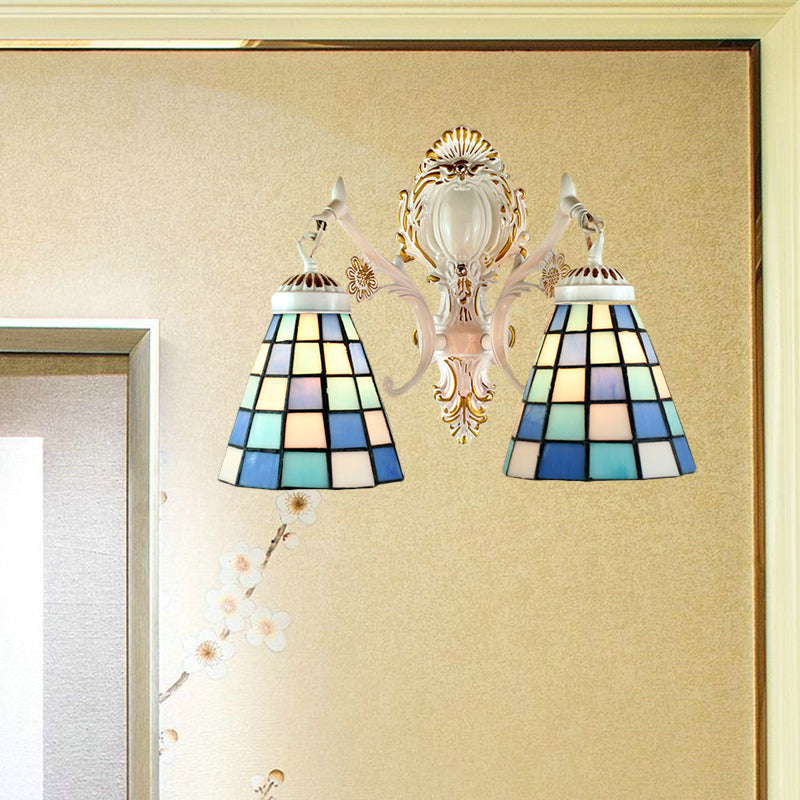 2 Lights Cone Wall Lighting Tiffany Style Stained Glass Wall Sconce with Grid Pattern in White Finish