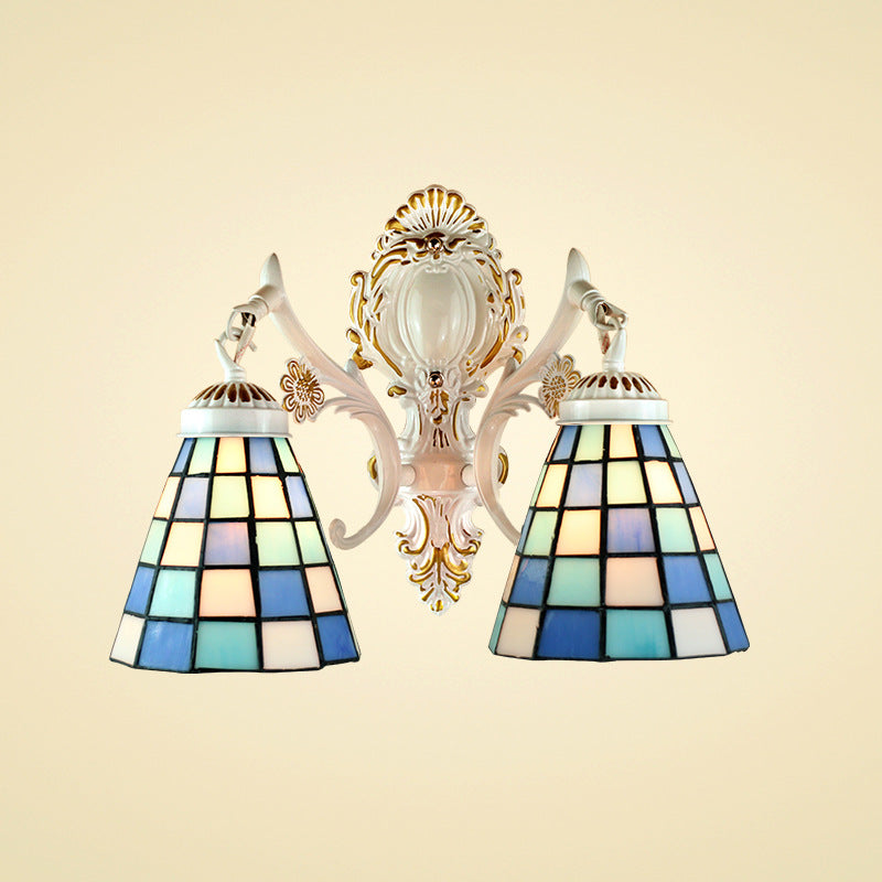 2 Lights Cone Wall Lighting Tiffany Style Stained Glass Wall Sconce with Grid Pattern in White Finish