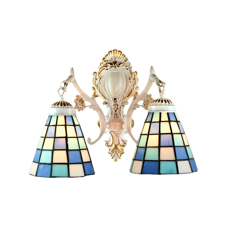 2 Lights Cone Wall Lighting Tiffany Style Stained Glass Wall Sconce with Grid Pattern in White Finish