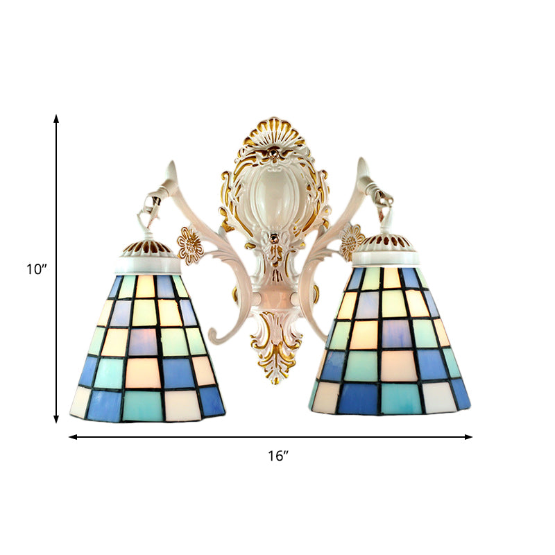 2 Lights Cone Wall Lighting Tiffany Style Stained Glass Wall Sconce with Grid Pattern in White Finish