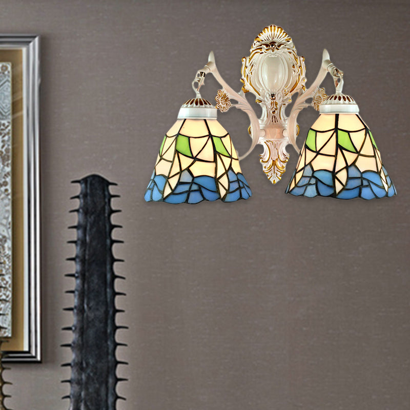 2 Lights Bell Wall Fixture Light Lodge Stained Glass Flower Wall Sconce Lighting for Bedroom Lighting