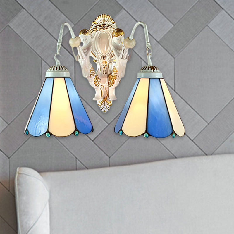 White Conical Wall Mounted Light Mediterranean 2 Heads Blue-Beige Glass Sconce Light