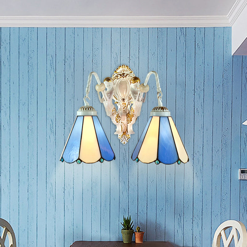 White Conical Wall Mounted Light Mediterranean 2 Heads Blue-Beige Glass Sconce Light
