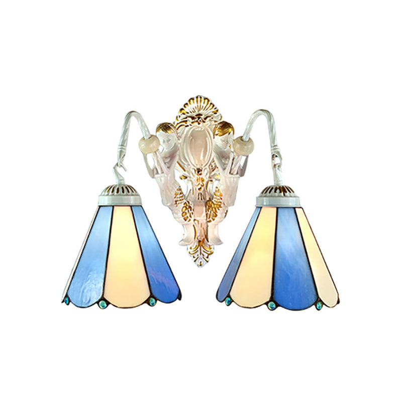 White Conical Wall Mounted Light Mediterranean 2 Heads Blue-Beige Glass Sconce Light