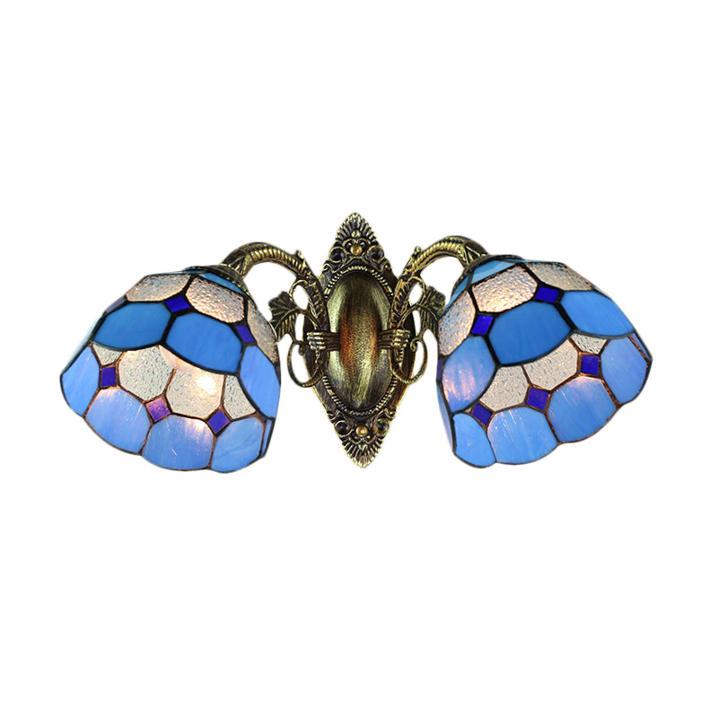 Dome Shade Wall Sconce Industrial Vintage Stained Glass 2 Heads Wall Fixture Light in Blue